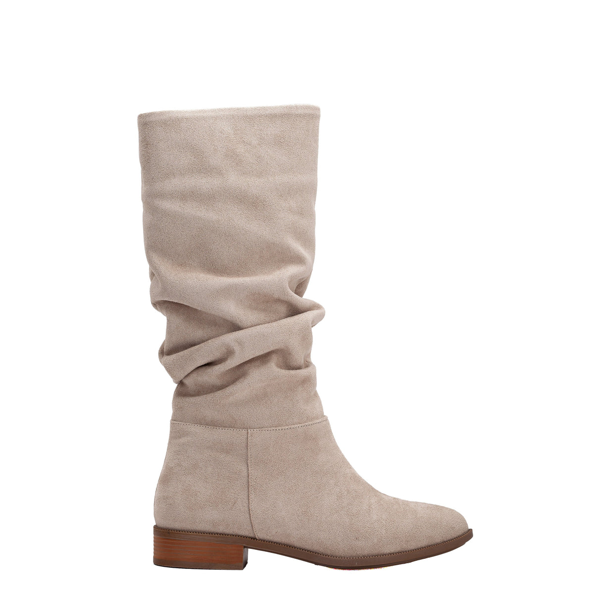 Maribel - Beige Suede Slouchy Boots – front three-quarter view showing suede, red, Vowalisse