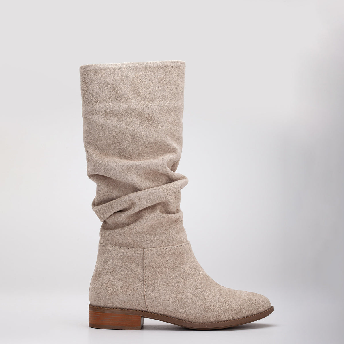 Maribel - Beige Suede Slouchy Boots – side view showing suede, red, Vowalisse