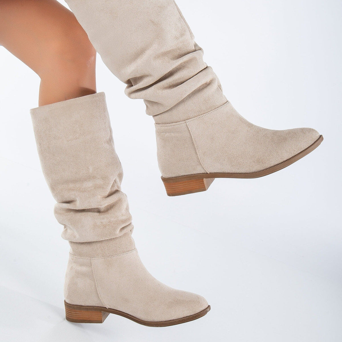 Maribel - Beige Suede Slouchy Boots – detail view showing suede, red, Vowalisse