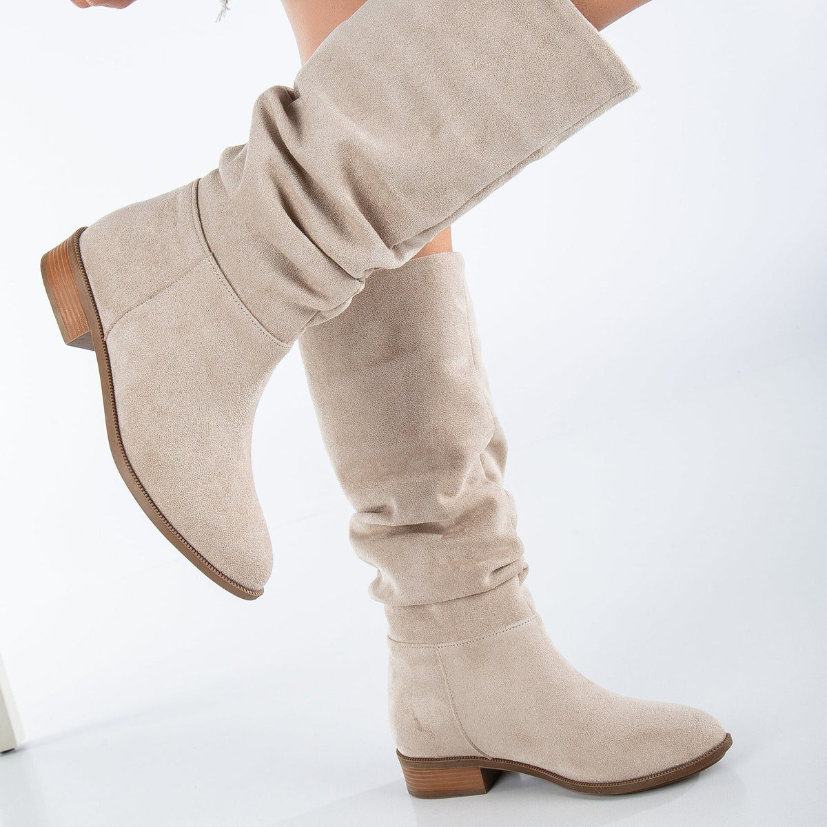 Maribel - Beige Suede Slouchy Boots – back view showing suede, red, Vowalisse
