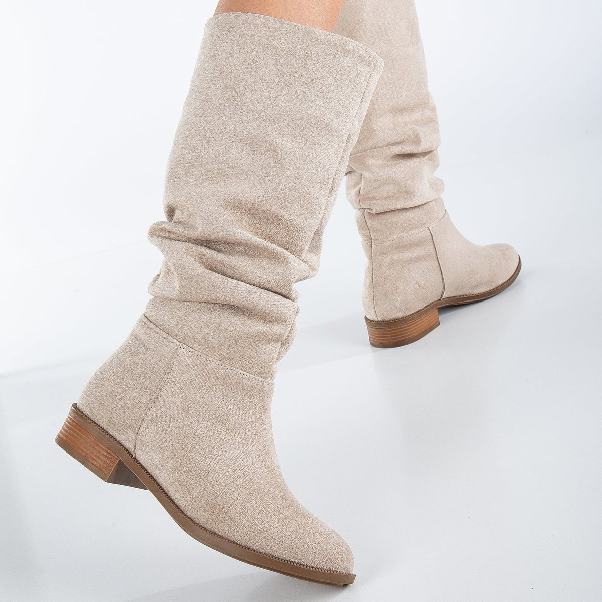 Maribel - Beige Suede Slouchy Boots – top view showing suede, red, Vowalisse
