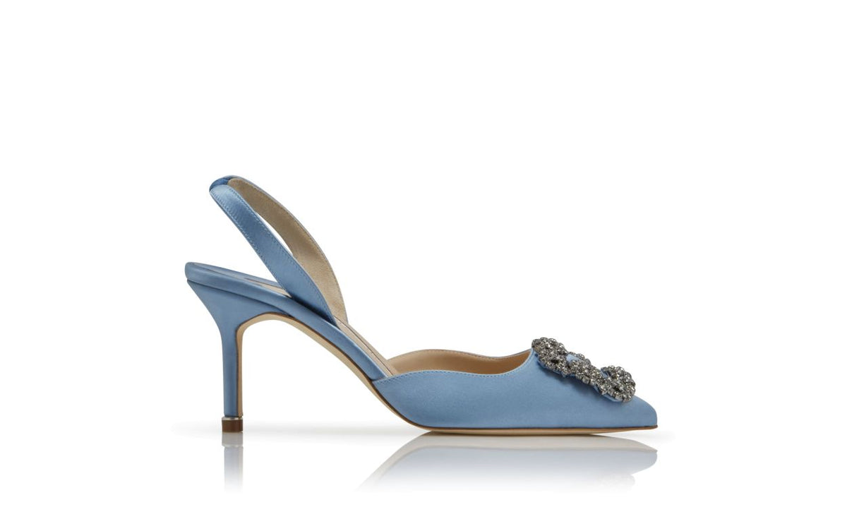 Noelle Belle Blue Jewel Buckle Slingbacks – side profile showing blue jewel buckle, crystal buckle, ankle strap, slingback…