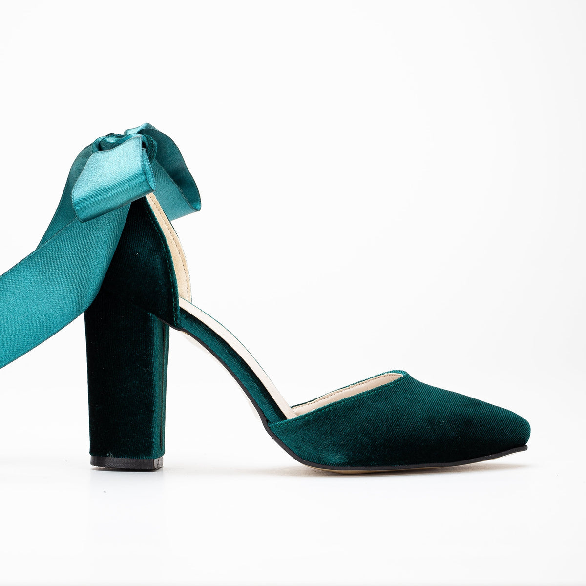 Gisele - Emerald Green Wedding Heels with Ribbon – front three-quarter view showing satin, velvet, green, Vowalisse