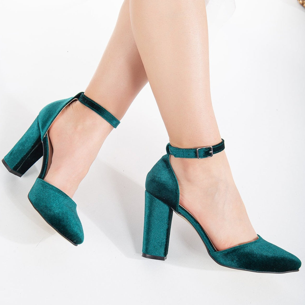 Gisele - Emerald Green Wedding Heels with Ribbon – pair view showing satin, velvet, green, Vowalisse