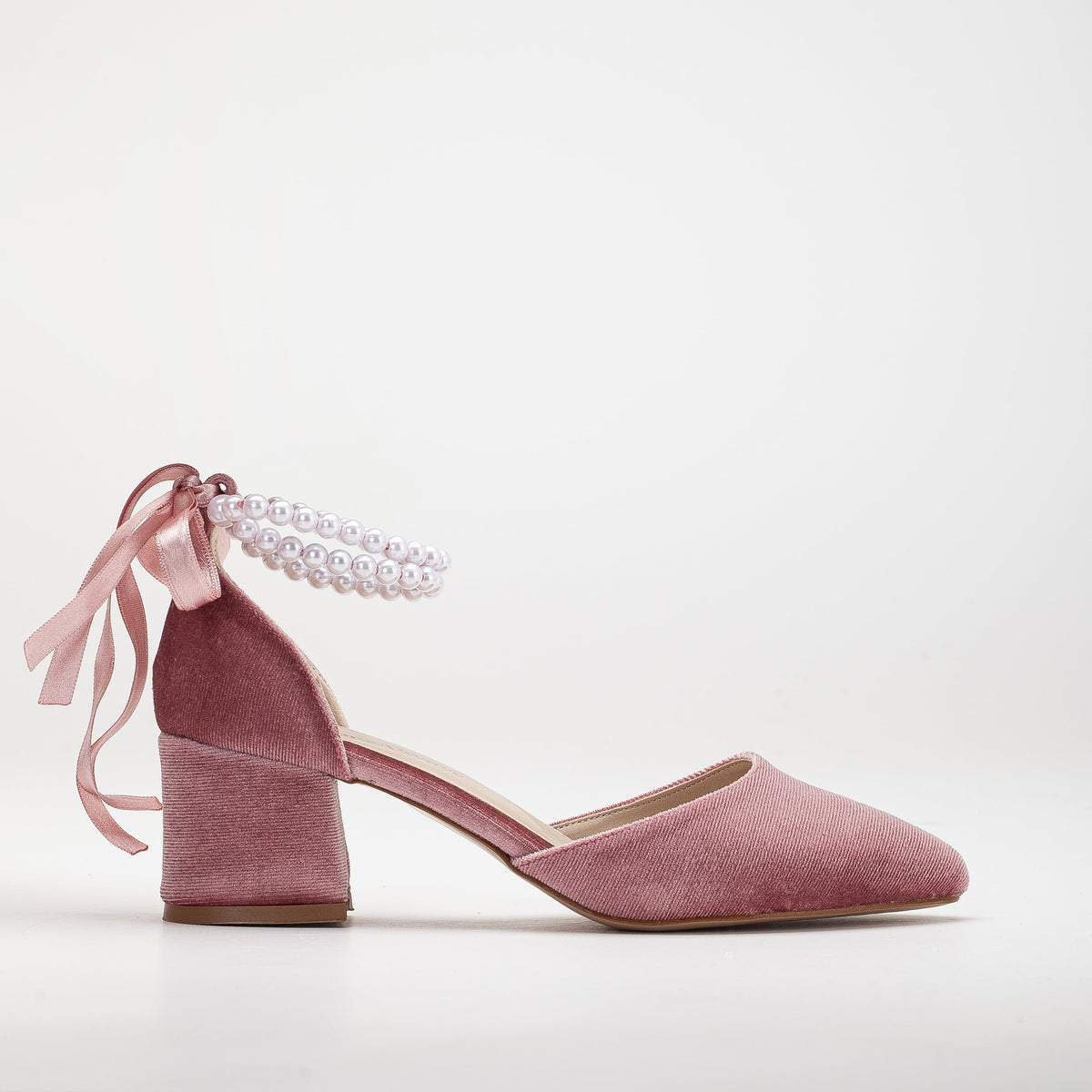 Marcelle - Rose Velvet Low Heels with Pearls – front three-quarter view showing pearl, velvet, pink, Vowalisse