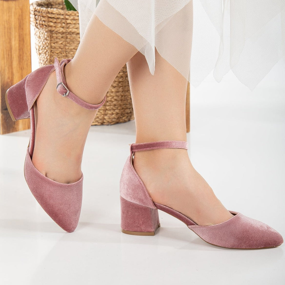 Marcelle - Rose Velvet Low Heels with Pearls – product view 9 showing pearl, velvet, pink, Vowalisse