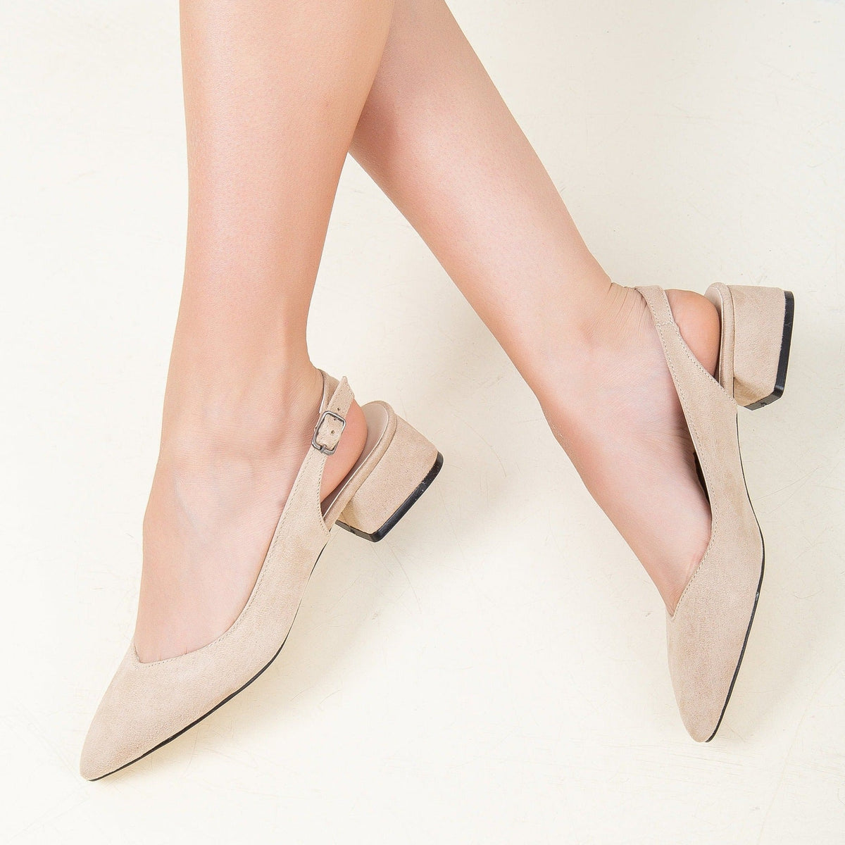 Emma - Beige Suede Slingback Shoes – back view showing leather, suede, Vowalisse