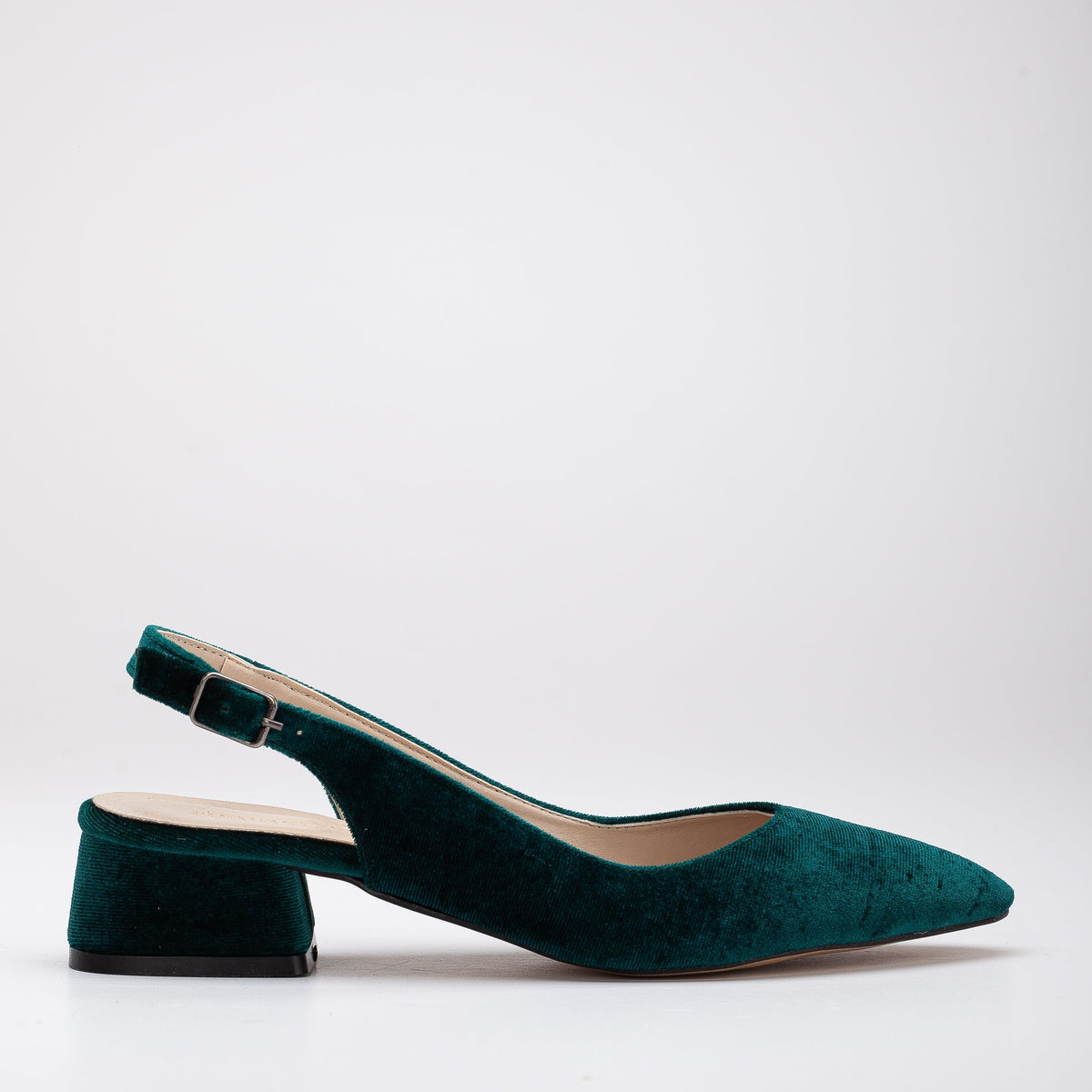 Emma - Green Velvet Slingback Shoes – front three-quarter view showing velvet, green, Vowalisse