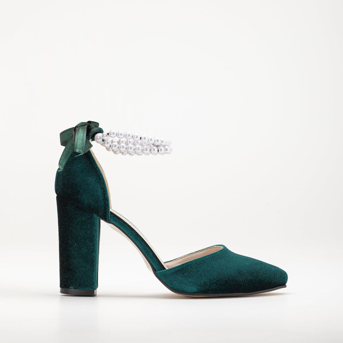 Denise - Emerald Green Heels with Pearls – front three-quarter view showing pearl, velvet, green, Vowalisse