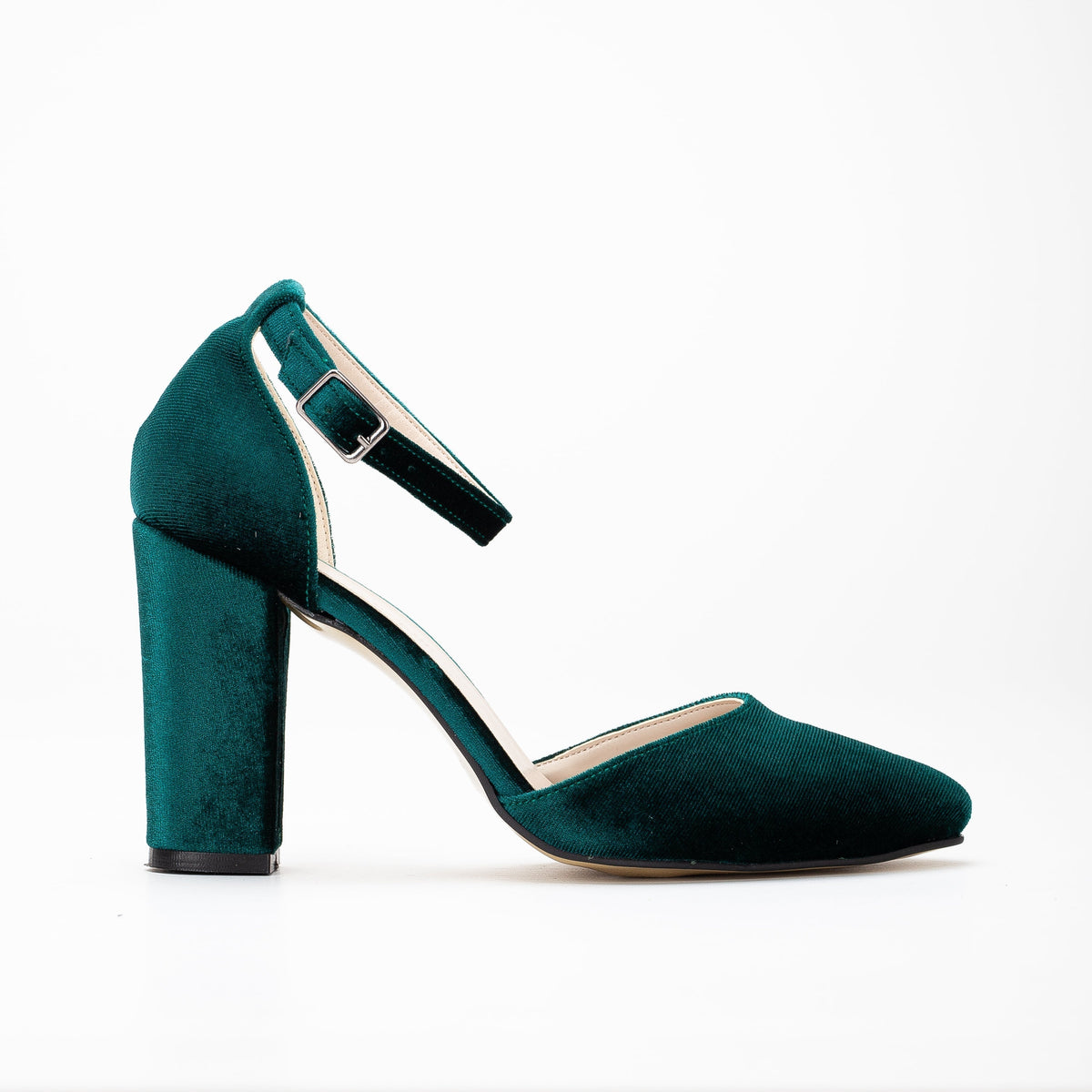 Denise - Emerald Green Heels with Pearls – top view showing pearl, velvet, green, Vowalisse