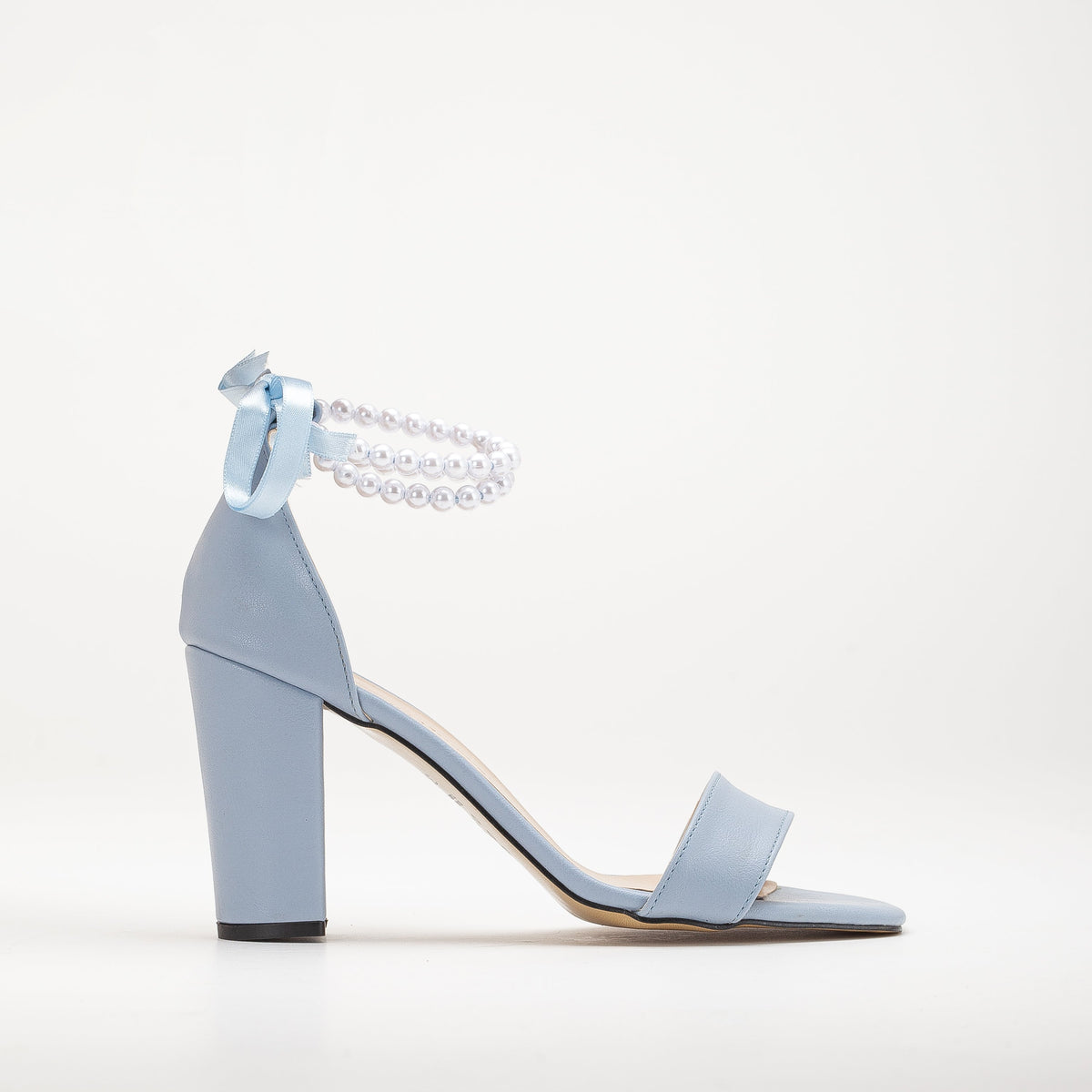 Melissa - Baby Blue Sandals with Pearls – front three-quarter view showing pearl, leather, blue, Vowalisse