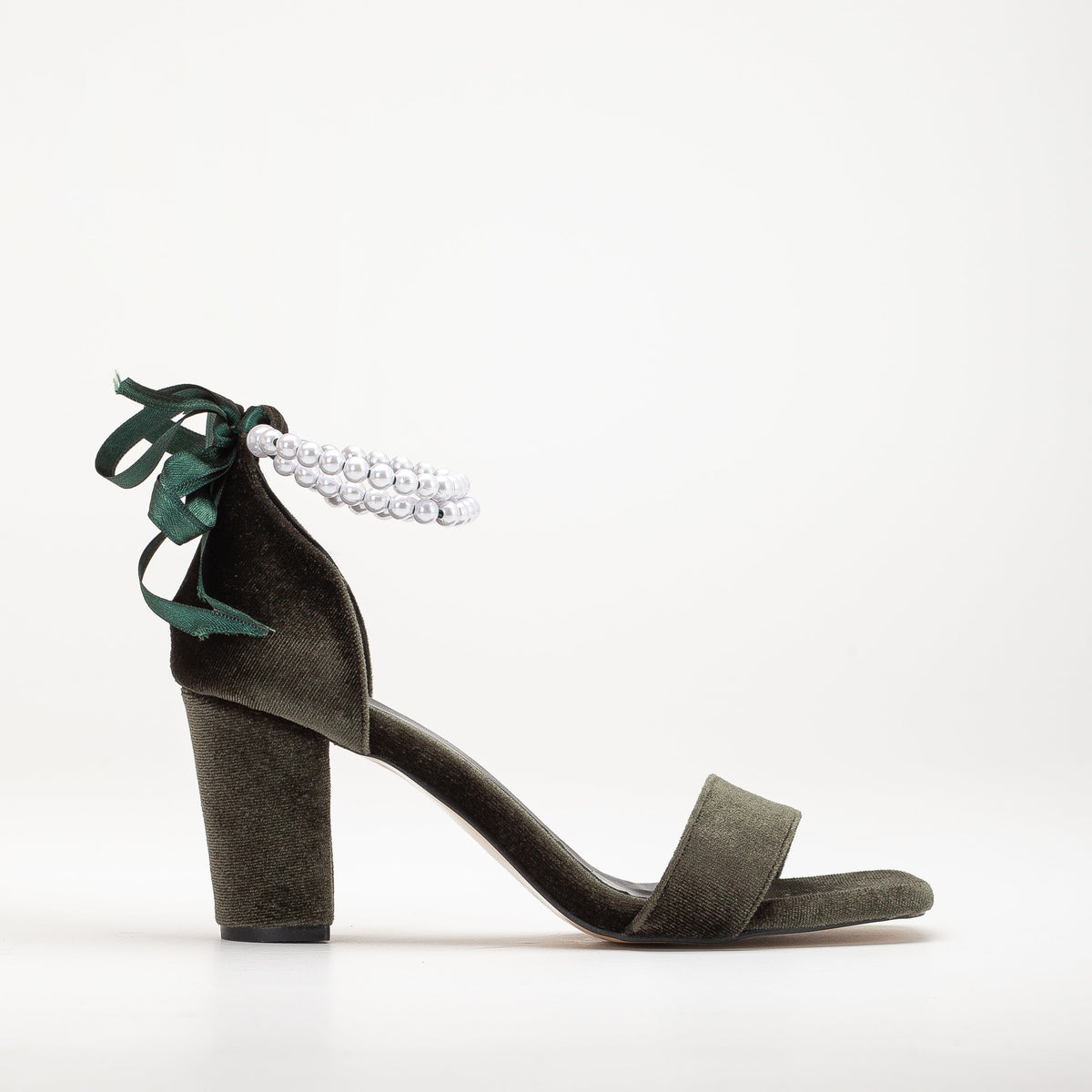 Melissa - Olive Green Velvet Sandals with Pearls – front three-quarter view showing pearl, satin, velvet, Vowalisse