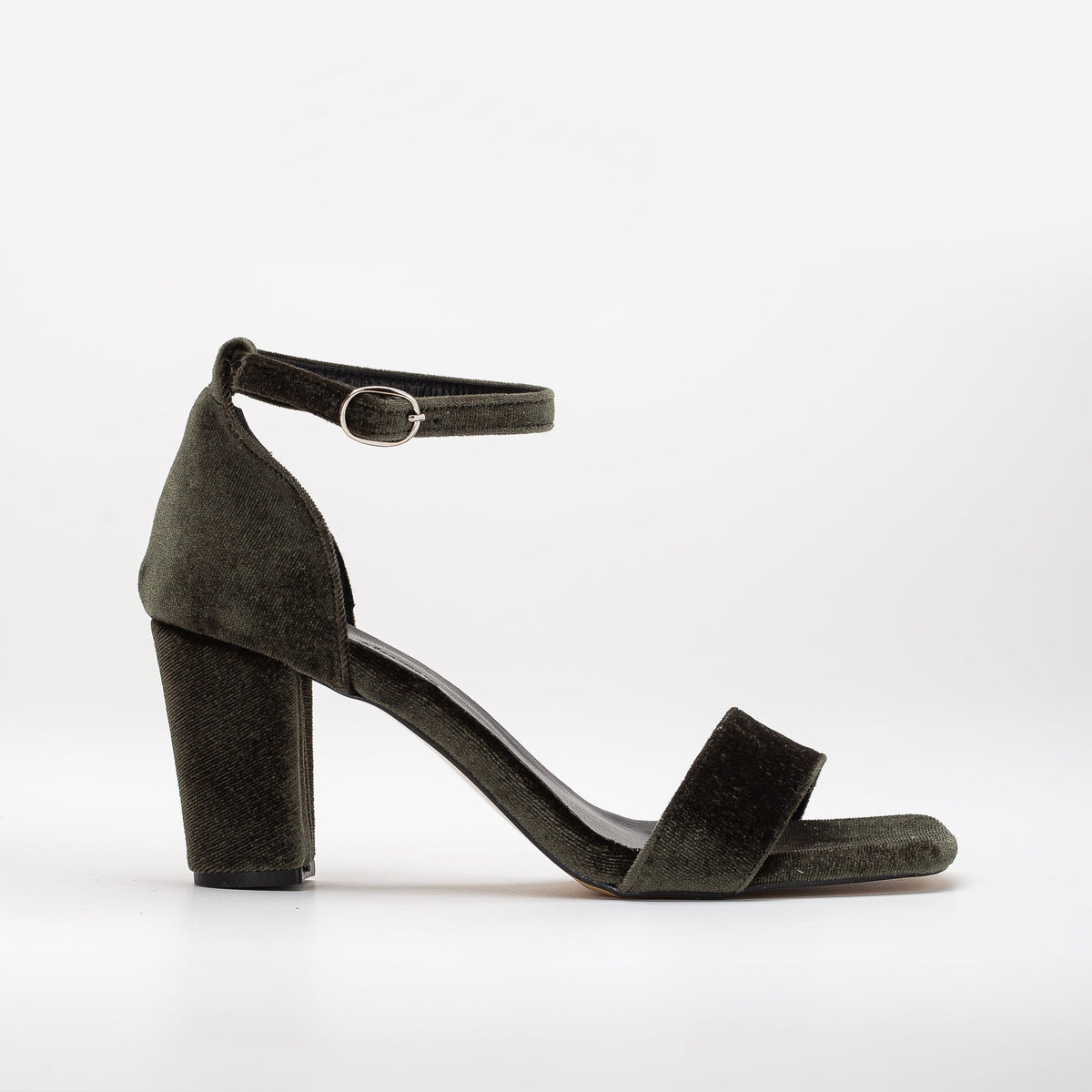 Melissa - Olive Green Velvet Sandals with Pearls – top view showing pearl, satin, velvet, Vowalisse