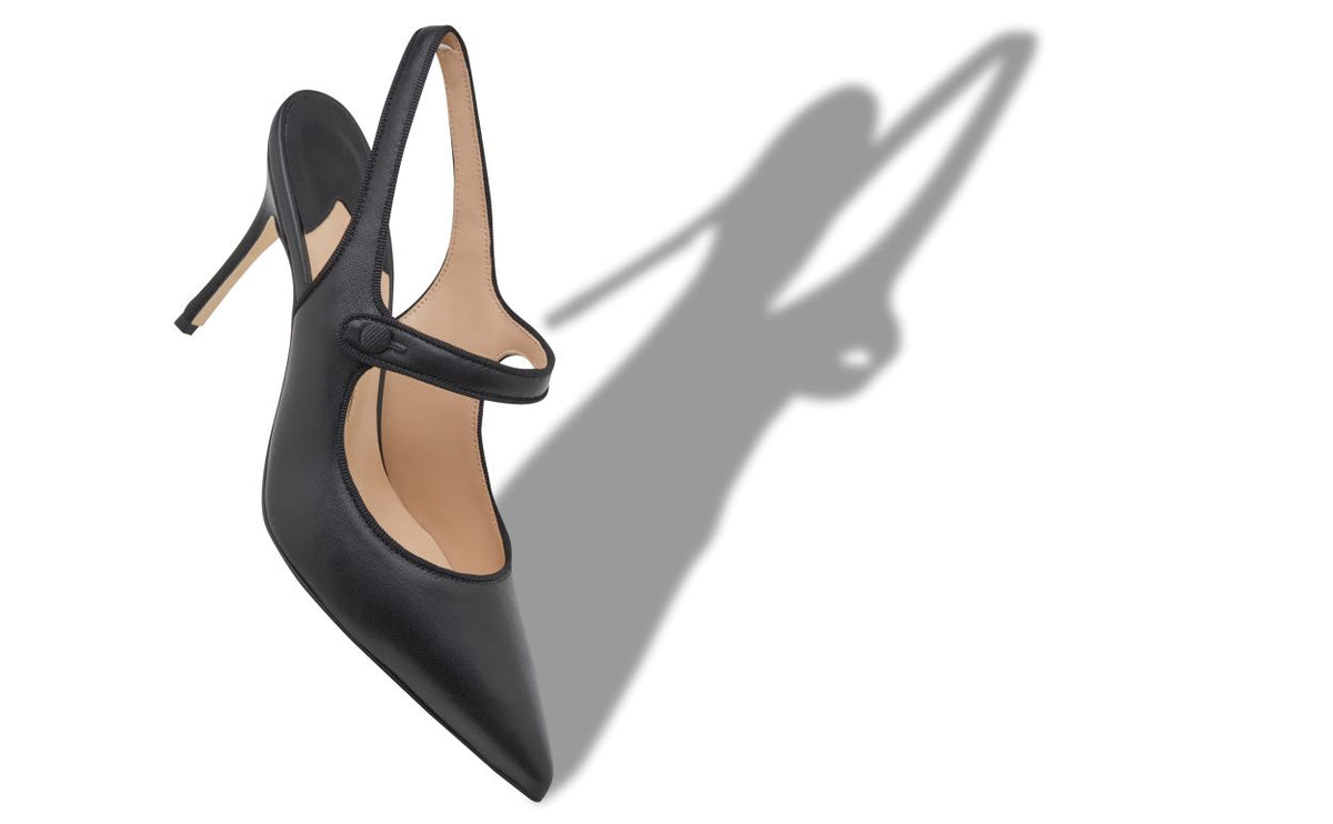 Elara Grace Black Slingback Slingbacks – front three-quarter view showing black slingback, pointed toe, nappa leather…