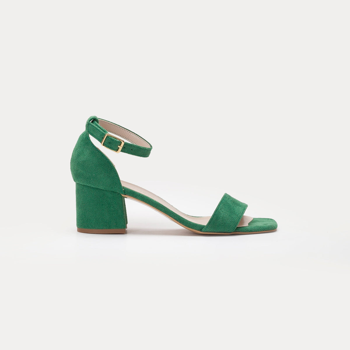 Iva - Green Suede Low Heels – front three-quarter view showing leather, suede, green, Vowalisse