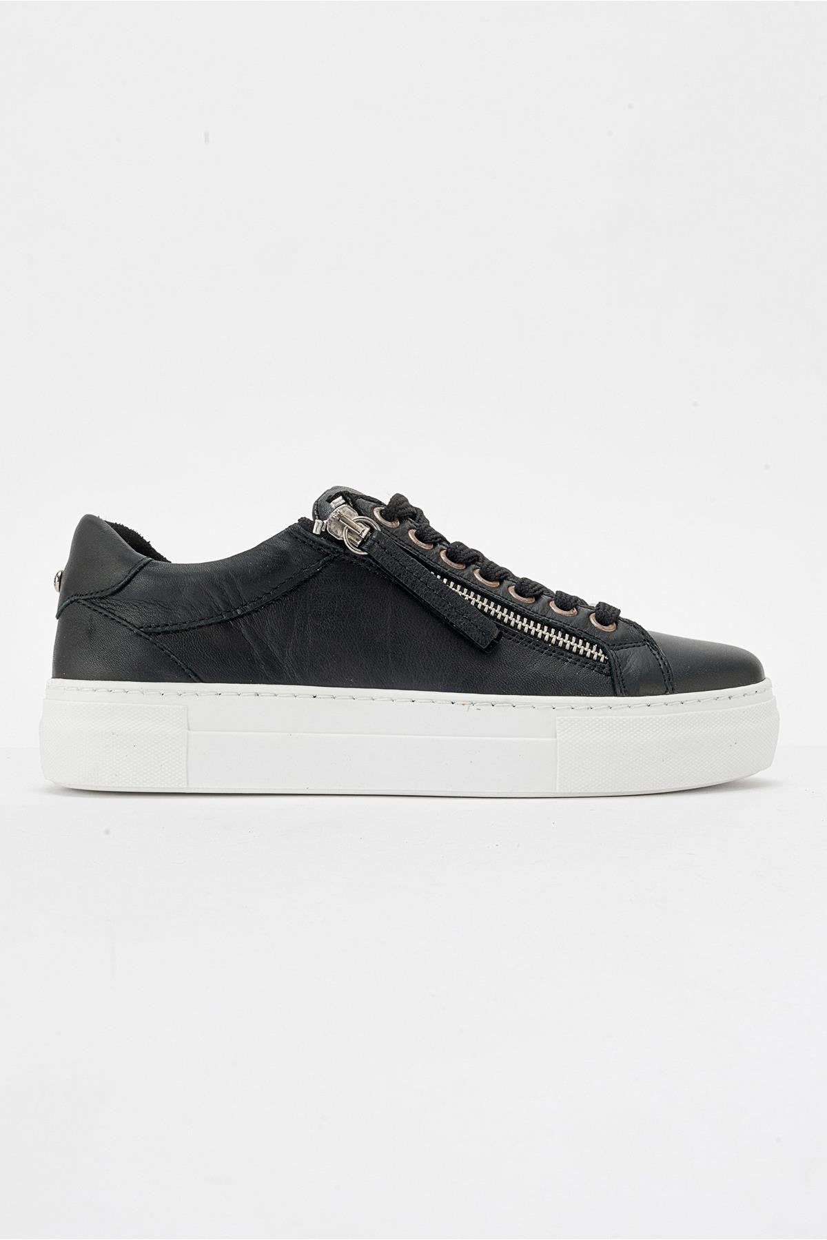 Beryl - Black Leather Zip Sneaker – top view showing leather, black, Vowalisse