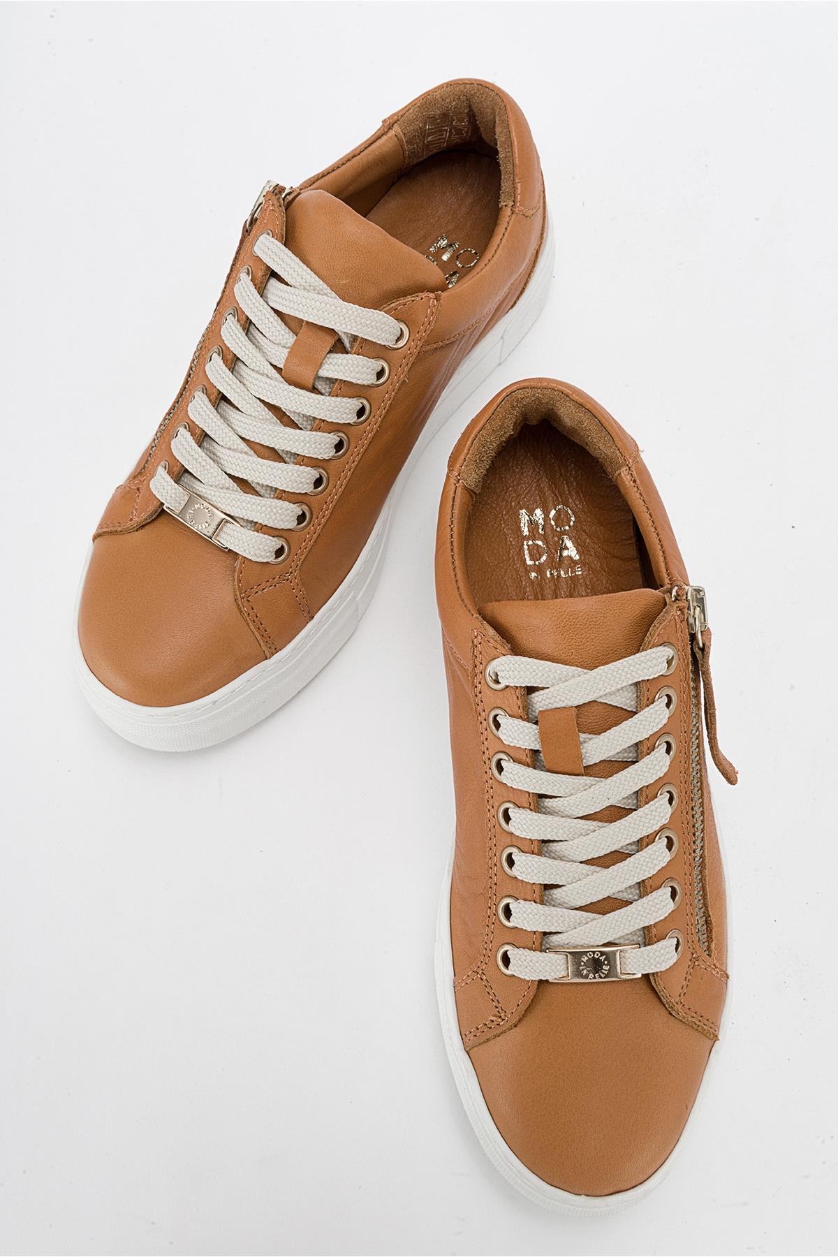 Beryl - Cognac Brown Leather Zip Sneaker – side view showing leather, Vowalisse