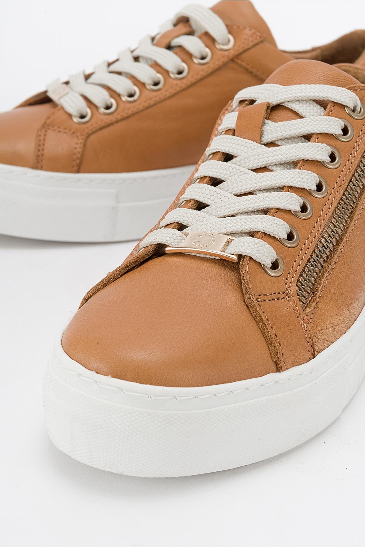 Beryl - Cognac Brown Leather Zip Sneaker – heel view showing leather, Vowalisse