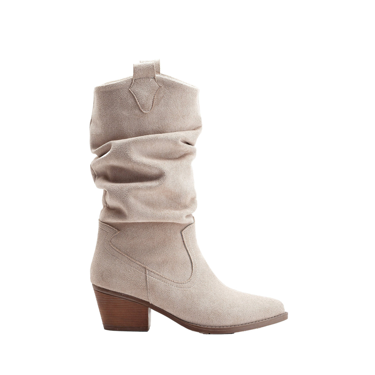 Bonnie - Beige Suede Slouch Western Boots – front three-quarter view showing suede, red, Vowalisse