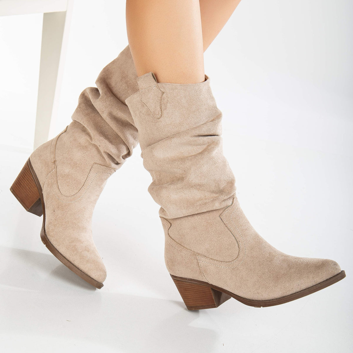 Bonnie - Beige Suede Slouch Western Boots – detail view showing suede, red, Vowalisse