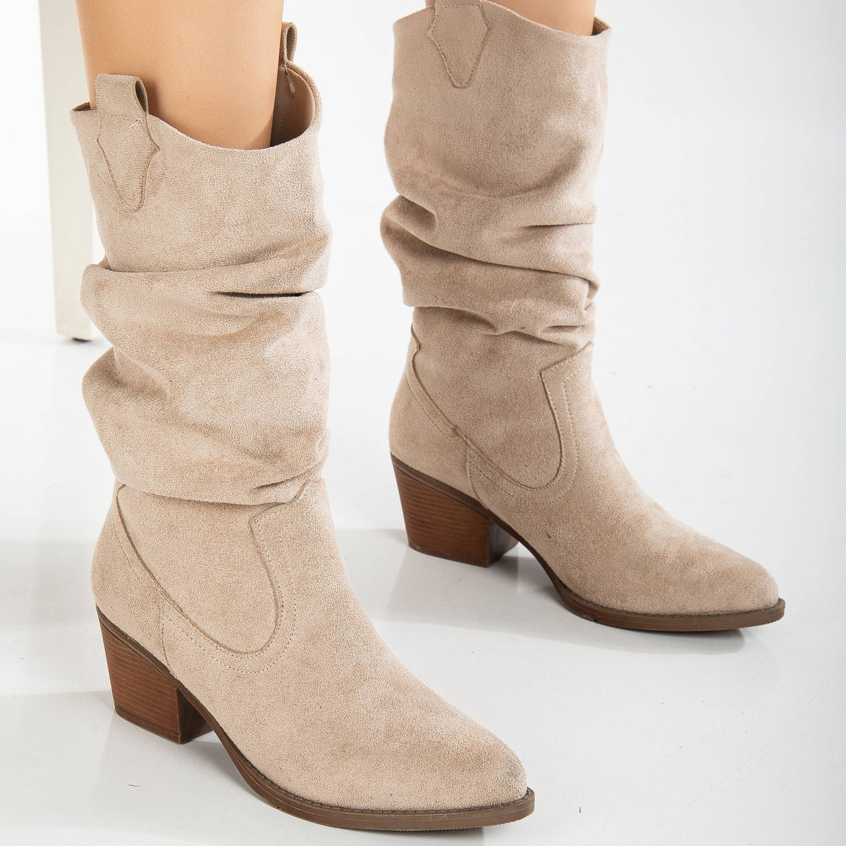 Bonnie - Beige Suede Slouch Western Boots – heel view showing suede, red, Vowalisse
