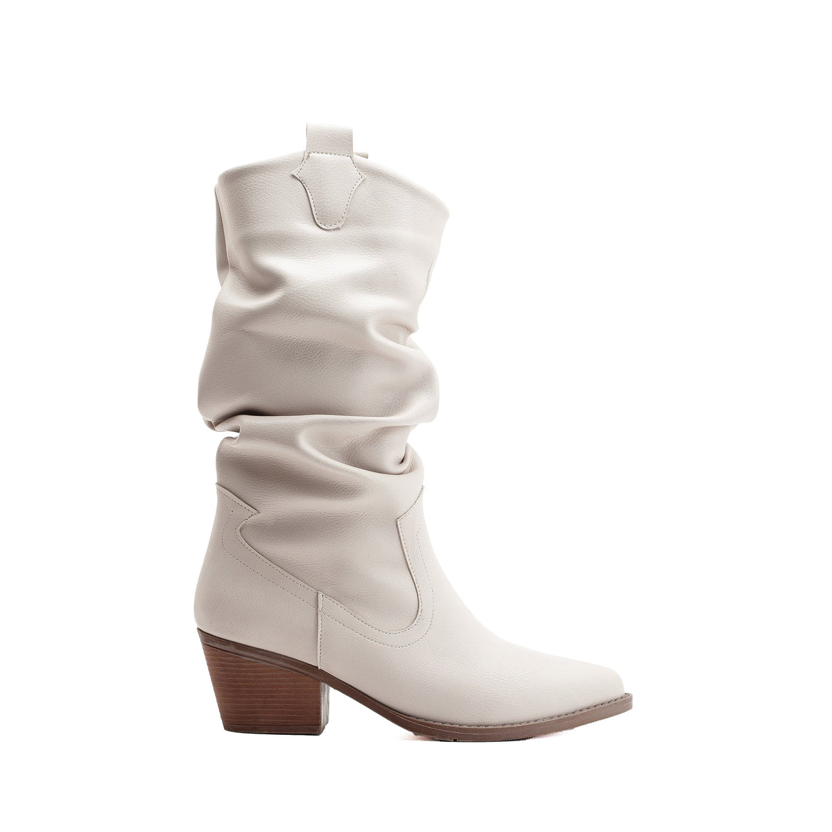 Bonnie - Beige Slouch Western Boots – front three-quarter view showing red, Vowalisse