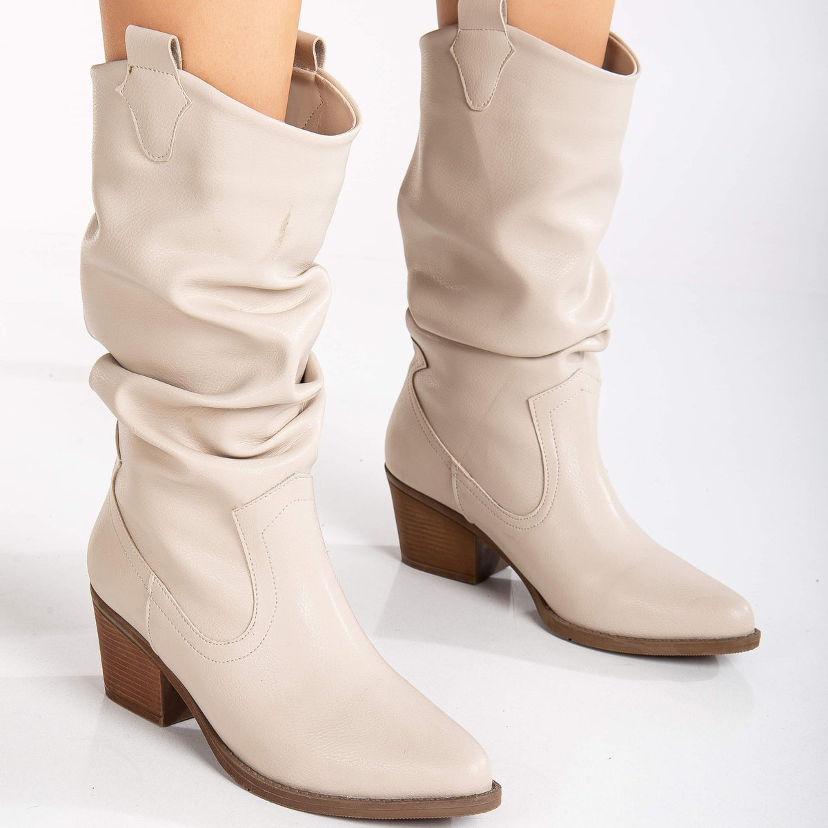 Bonnie - Beige Slouch Western Boots – detail view showing red, Vowalisse