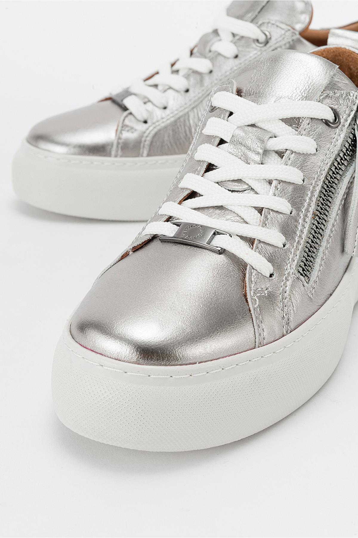 Allie - Silver Leather Zip Sneaker – heel view showing leather, silver, Vowalisse
