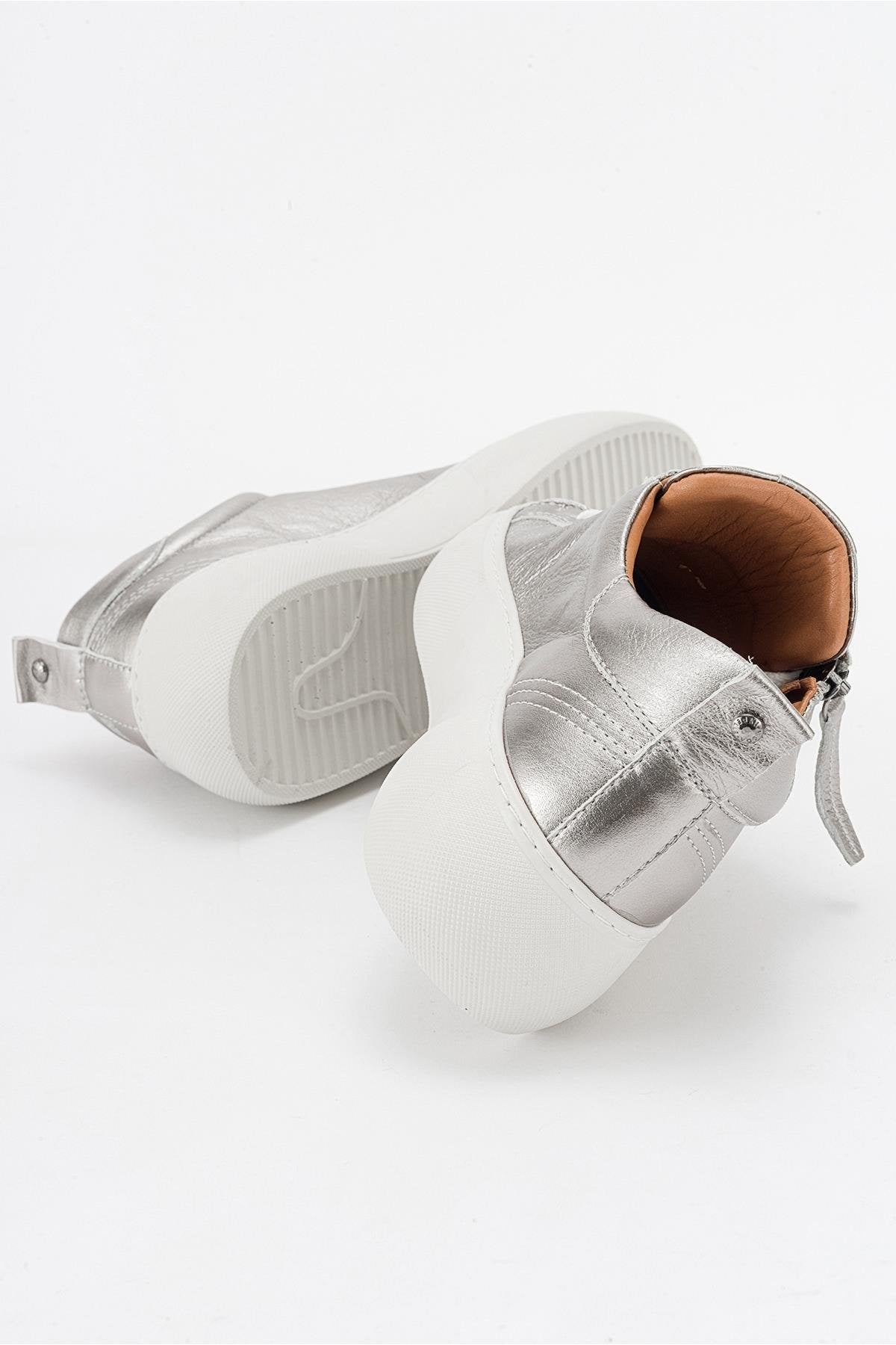 Allie - Silver Leather Zip Sneaker – back view showing leather, silver, Vowalisse
