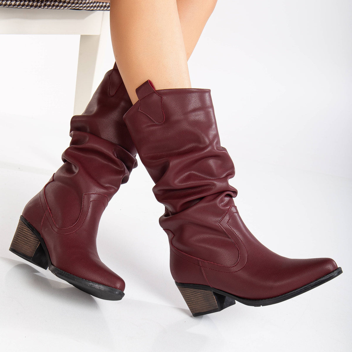 Bonnie - Burgundy Slouch Western Boots – detail view showing red, Vowalisse