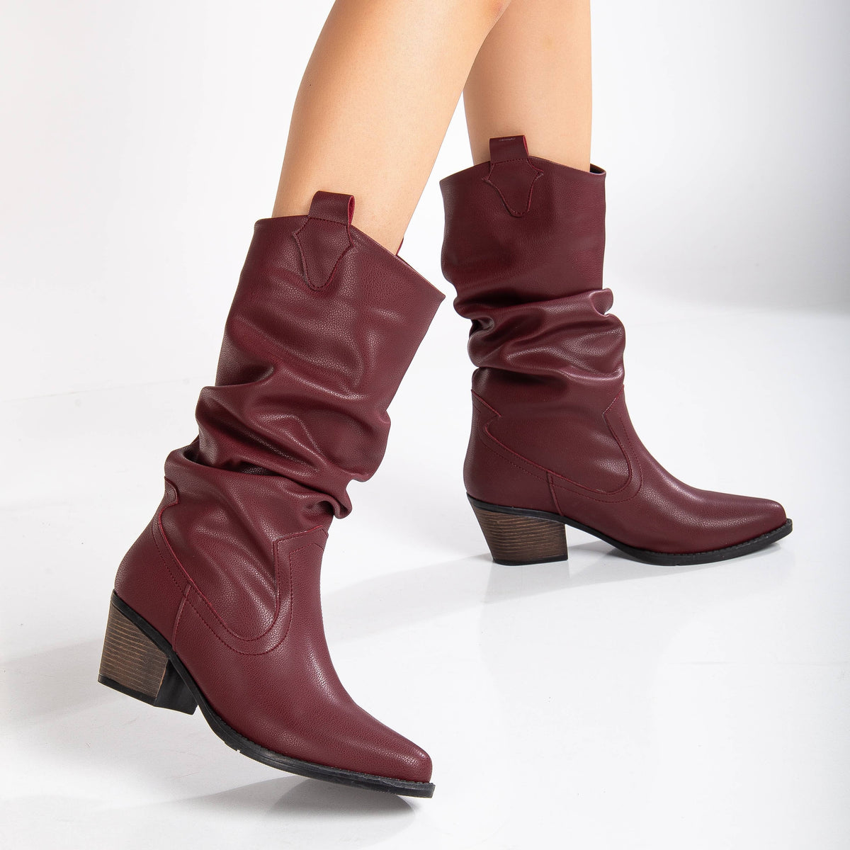 Bonnie - Burgundy Slouch Western Boots – heel view showing red, Vowalisse