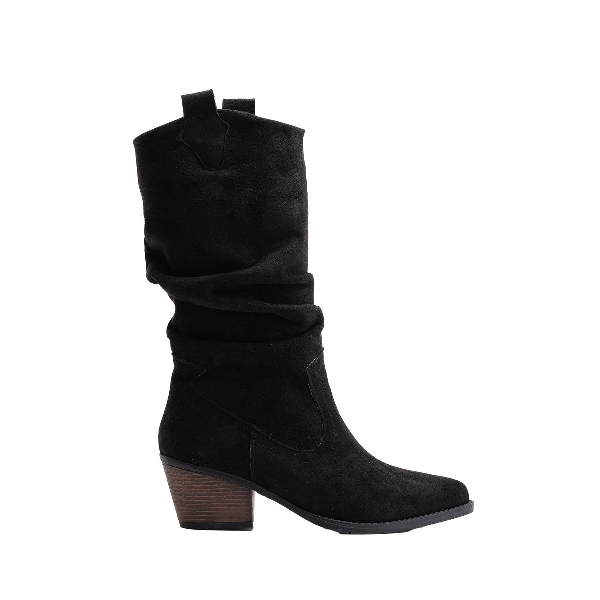 Bonnie - Black Suede Slouch Western Boots – front three-quarter view showing suede, black, red, Vowalisse