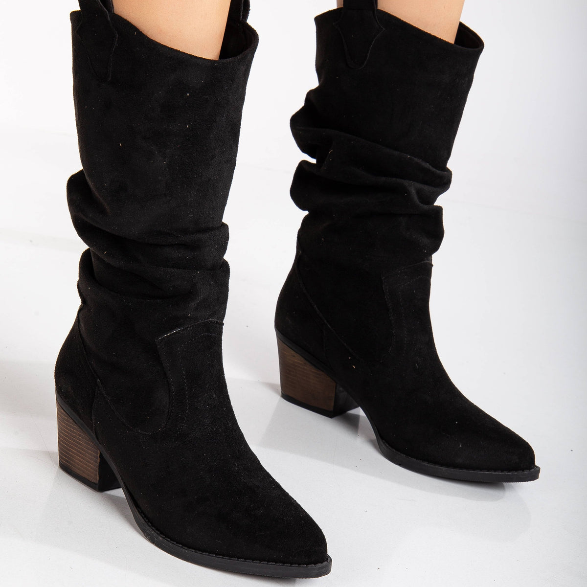 Bonnie - Black Suede Slouch Western Boots – detail view showing suede, black, red, Vowalisse
