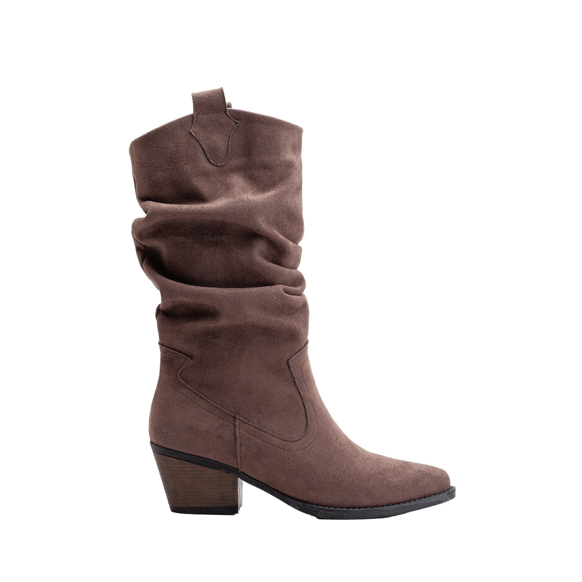 Bonnie - Brown Suede Slouch Western Boots – front three-quarter view showing suede, red, Vowalisse