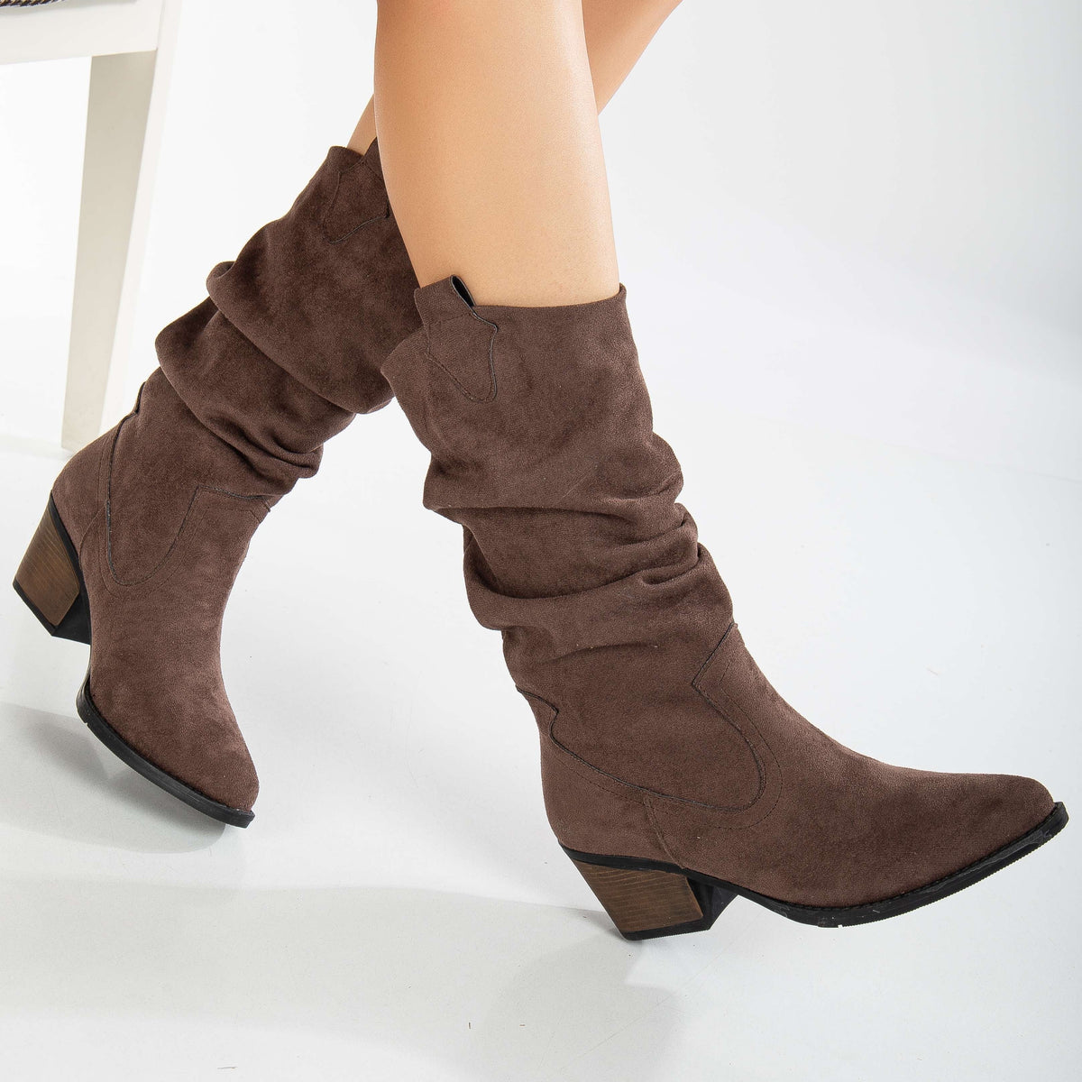 Bonnie - Brown Suede Slouch Western Boots – side view showing suede, red, Vowalisse