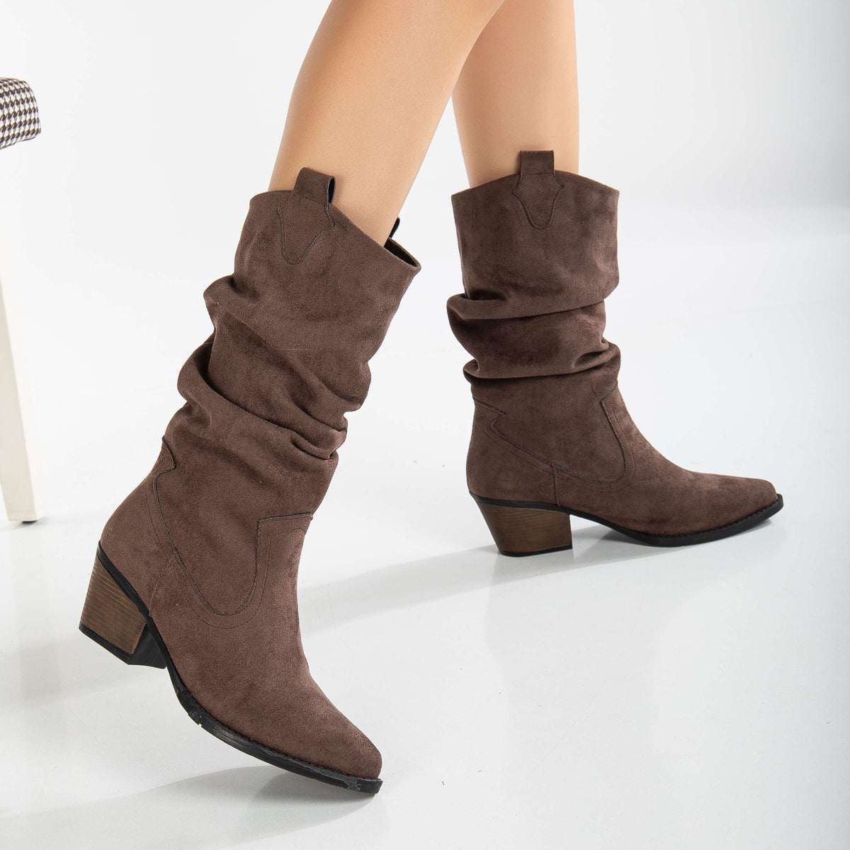 Bonnie - Brown Suede Slouch Western Boots – detail view showing suede, red, Vowalisse