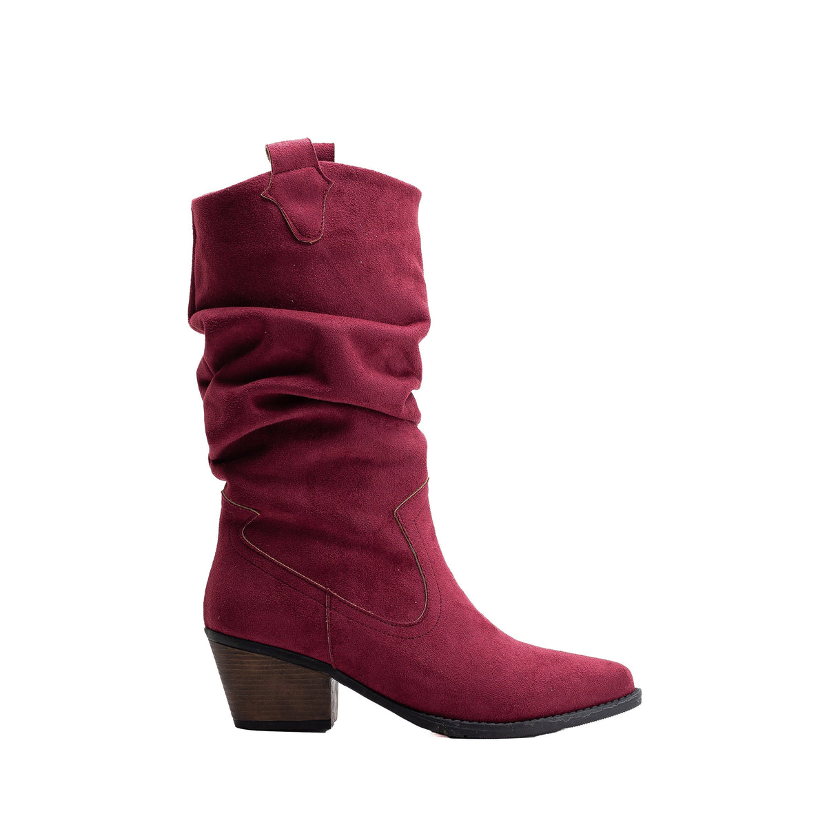 Bonnie - Burgundy Suede Western Boots – front three-quarter view showing suede, red, Vowalisse