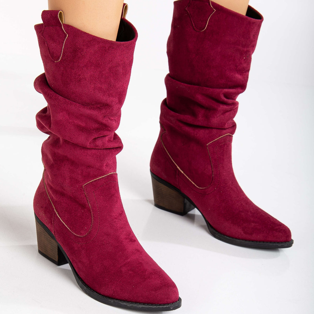 Bonnie - Burgundy Suede Western Boots – heel view showing suede, red, Vowalisse