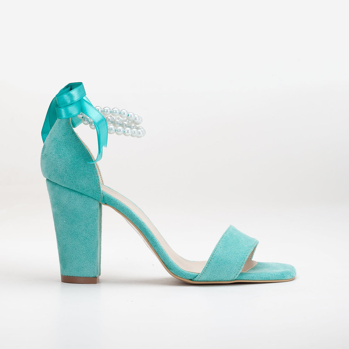 Melissa - Aqua Blue Suede Sandals with Pearls – front three-quarter view showing pearl, leather, suede, Vowalisse
