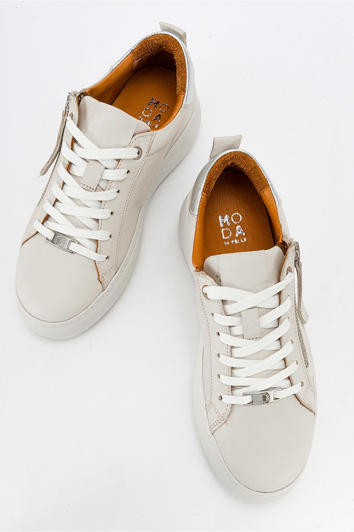 Allie - Beige Leather Zip Sneaker – heel view showing leather, Vowalisse