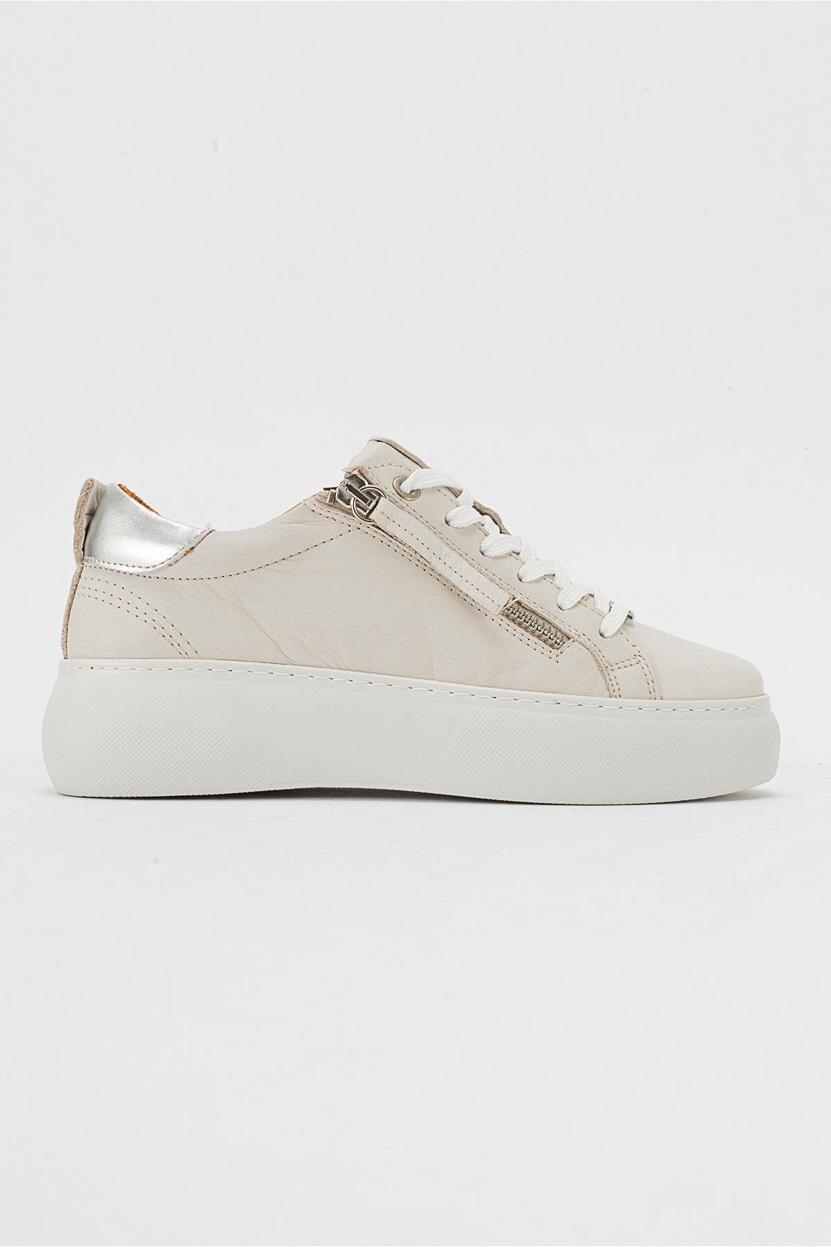 Allie - Beige Leather Zip Sneaker – top view showing leather, Vowalisse