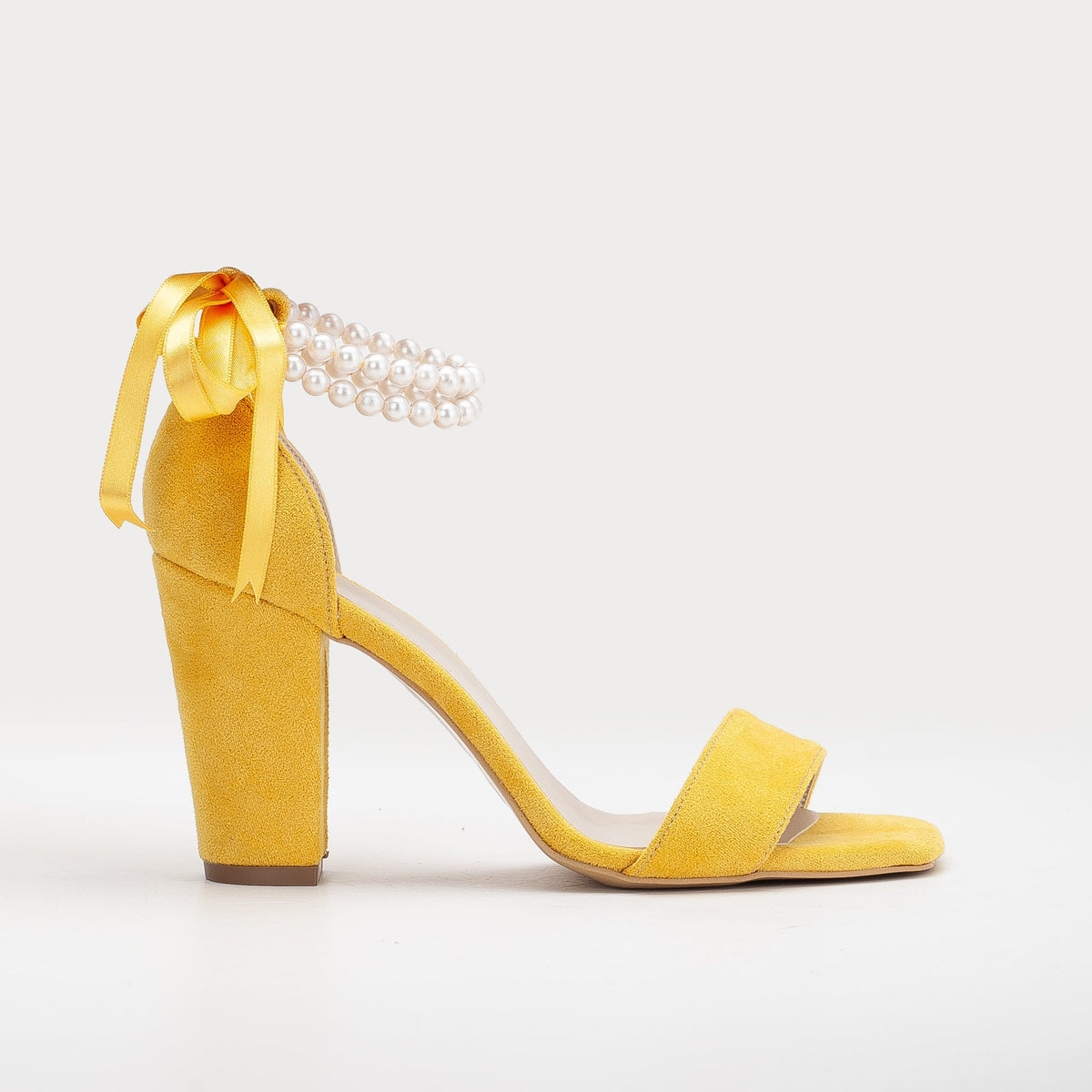 Melissa - Yellow Suede Sandals with Pearls – front three-quarter view showing pearl, leather, suede, Vowalisse
