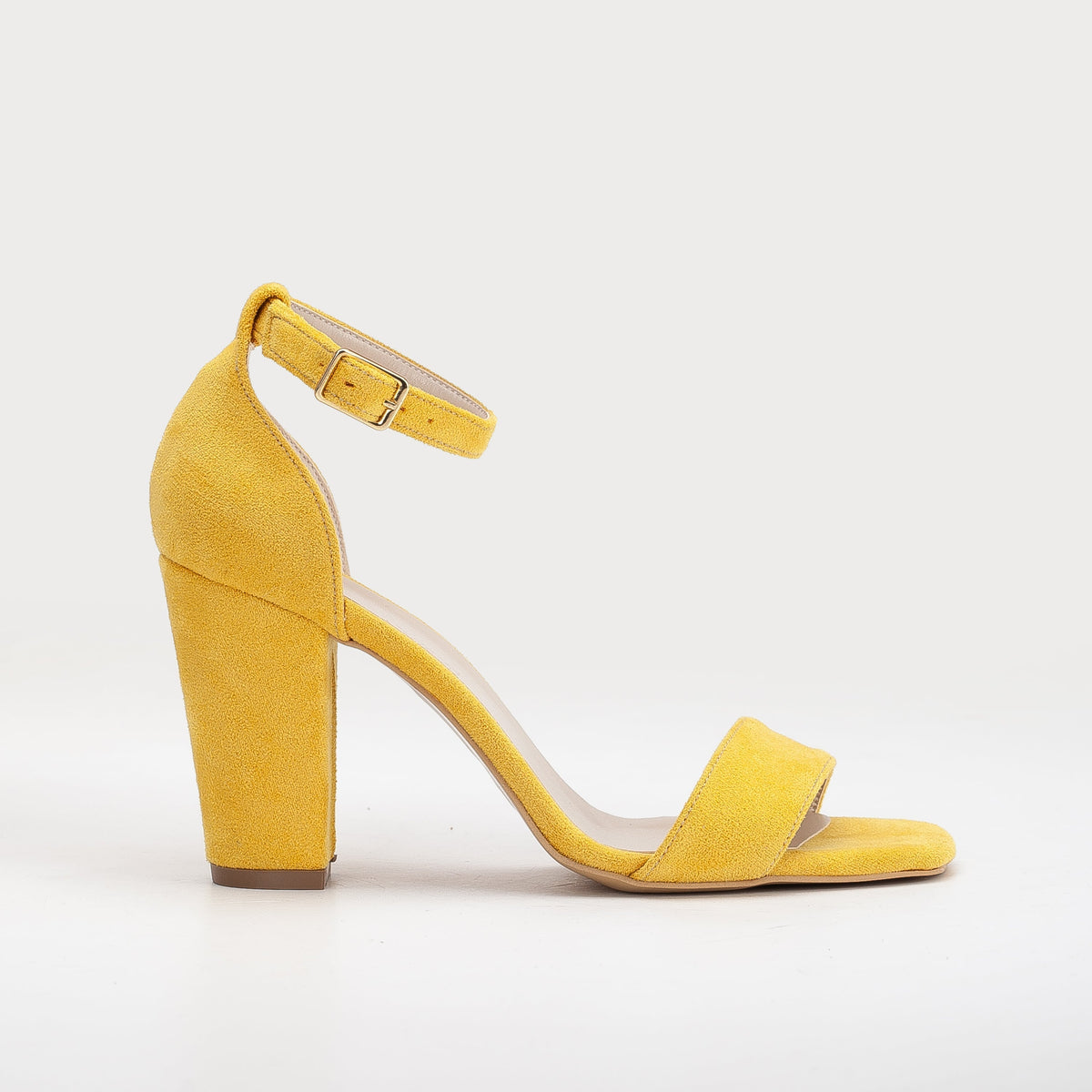 Jess - Yellow Suede Heeled Sandals – front three-quarter view showing leather, suede, Vowalisse