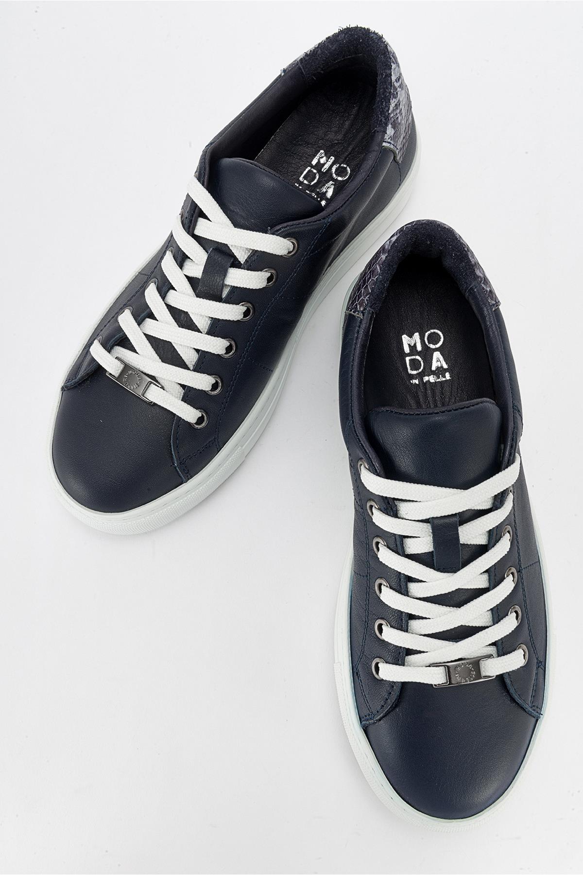 Ayverie - Navy Leather Sneaker – side view showing leather, Vowalisse