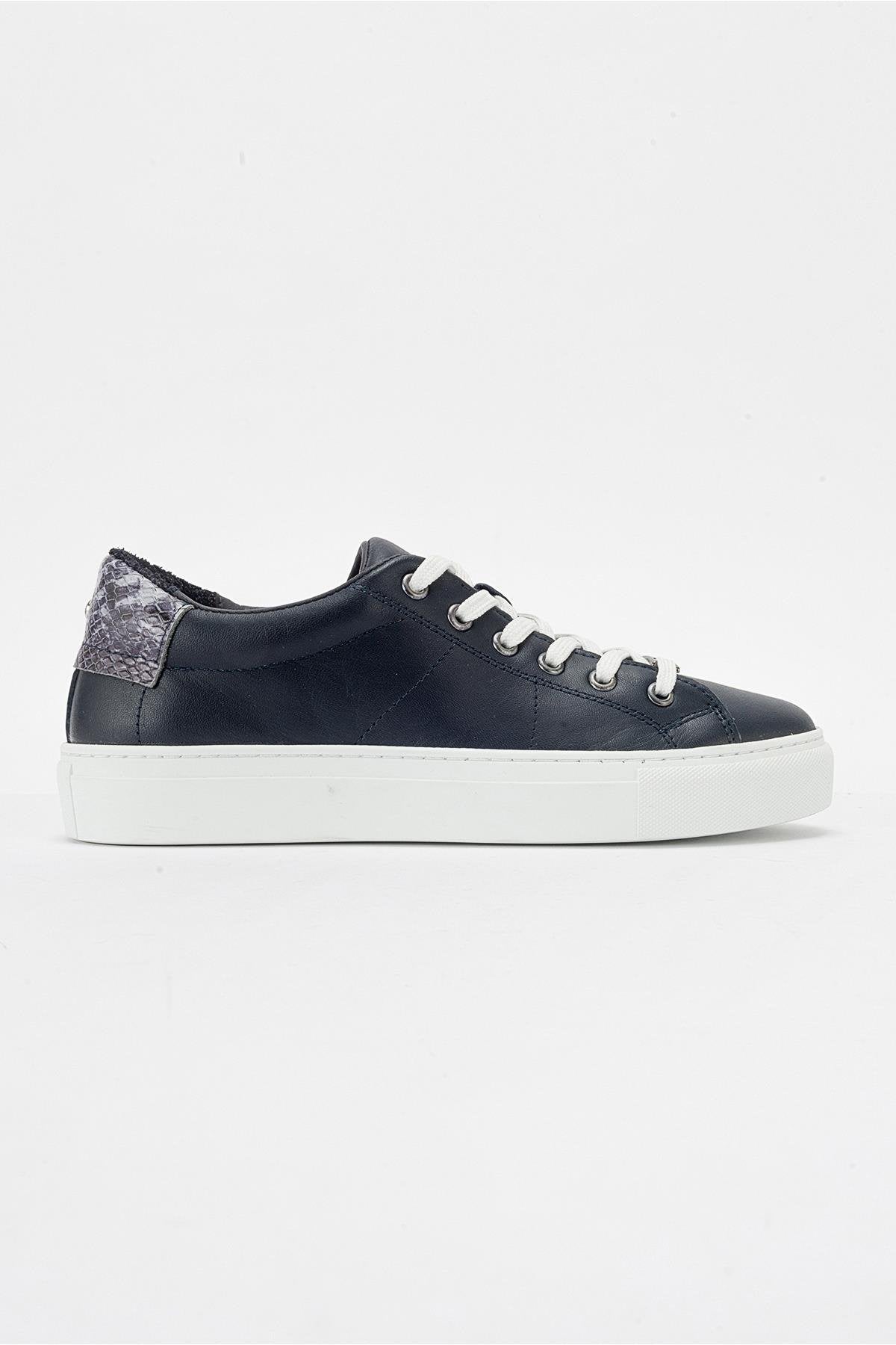 Ayverie - Navy Leather Sneaker – top view showing leather, Vowalisse