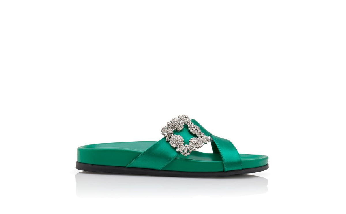 Genevieve Rose Green Jewel Buckle Mules – side profile showing green jewel buckle, crossover, open toe, satin, Vowalisse
