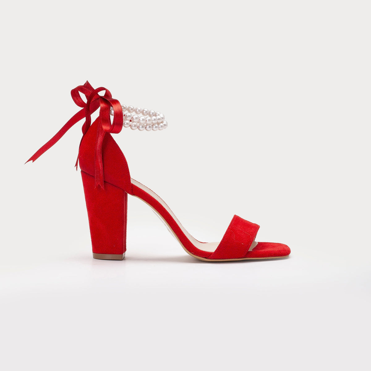 Melissa - Red Suede Sandals with Pearls – front three-quarter view showing pearl, leather, suede, Vowalisse