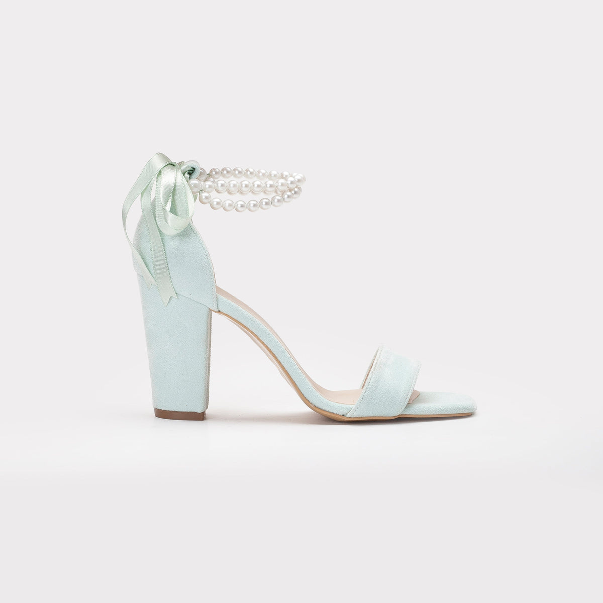 Melissa - Mint Green Sandals with Pearls – front three-quarter view showing pearl, leather, suede, Vowalisse