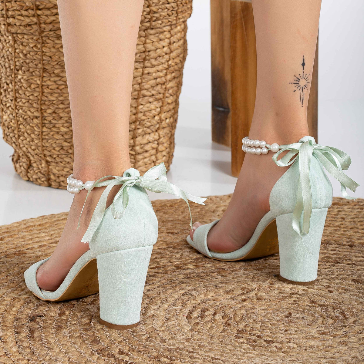 Melissa - Mint Green Sandals with Pearls – detail view showing pearl, leather, suede, Vowalisse