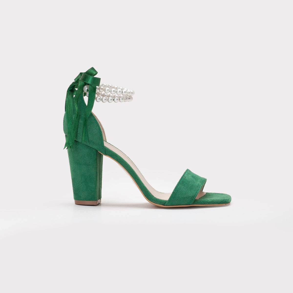 Melissa - Green Suede Sandals with Pearls – front three-quarter view showing pearl, leather, suede, Vowalisse